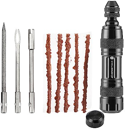 Kigauru Bicycle Tubeless Tire Repair Kit Bike Tire Plug Tool Aluminium Alloy Portable Bike Repair Puncture Kit for Fix a Puncture or Flat Fast Tackle Set with 5 Rubber Strips and 3 Tire Repair Drills