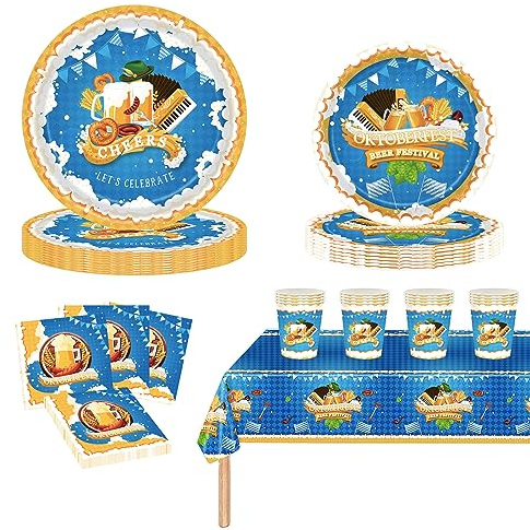 Set da tavola per feste Oktoberfest, 69 pezzi, a scacchi, colore blu e bianco, con tovaglia, piatti, tovaglioli e bicchieri di carta, per feste a tema birra tedesca, Oktoberfest, decorazioni per feste