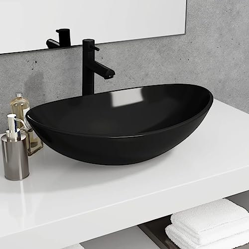 HIGSOSE Lavandino in Vetro Temperato 54,5x35x15,5 cm Nero Lavabo da Appoggio Lavandino del Bagno in Vetro Lavello in Vetro Lavandino Vetro Arredo Bagno Lavandino da Appoggio Lavabo Bagno da Appoggio
