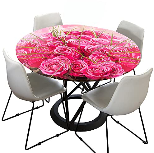 Hixingo Tischdecke, Abwaschbar Gartentischdecke Tischdecke Elastisch Rund Tischdecken Tischtuch Outdoor Indoor Tisch Schutz für Restaurant, Familie (Rosa Rose 1,Durchmesser 120cm)