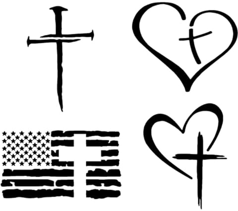 Cross Decal 4 Pack: Cross of Nails, Heart Cross, American Flag Cross, Christian Cross in Heart Decals (Small ~3.5, Black)