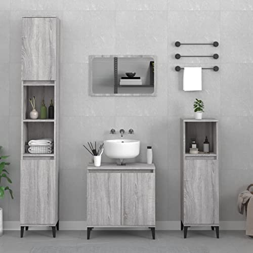 Gecheer Set Mobili da Bagno 3 pz, Set Mobile Bagno, Set da Bagno completo, Armadietto da Bagno, Armadietto Autoportante, Mobile da Bagno Salvaspazio Grigio Sonoma in Legno Multistrato