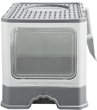 Kattlåda, kattlåda, med lock, utdragbar bricka, spade, borste, rymlig för katter upp till 15 kg, mindre spår, läckagesäker botten – 50 x 35 x 38 cm – grå