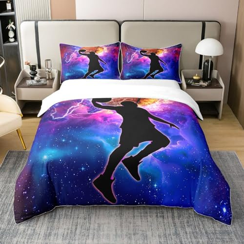 Jungen Schwarz Basketball Spieler 100% Bio Baumwolle Bettbezug 200x200,Basketball Eis Feuer Tröster Bezug,Lila Ombre Sternenhimmel Bettwäsche Set. Tie Dye Game Sport Bettdeckenbezug Schlafzimmer Dekor