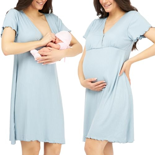 Womum Chemise de Nuit Allaitement, 3 en 1 Hôpital et Grossesse, Confort Maximal, Pyjama Maternité Accouchement (S, Bleu)