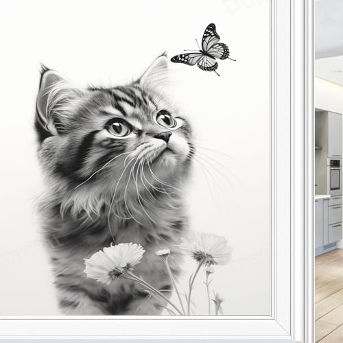 Farmhouse Katze Buntglas Fensterfolie Schöne Blume Schwarz Weiß Tier Privatsphäre Fensterfolie Nicht Klebende Glasfolie Dekorative Statische Frischhaltefolie für Home Office 70 * 100CM
