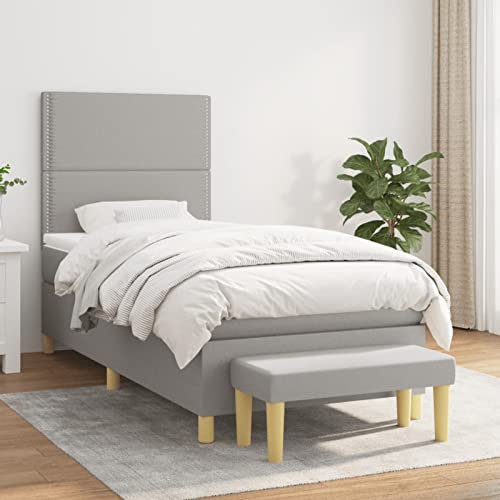 Keyroto Boxspringbett 100x200 cm Boxspringbett mit Bettbank Bockspringbett Boxspringbett mit Matratze Stoff 100x200 cm Hellgrau