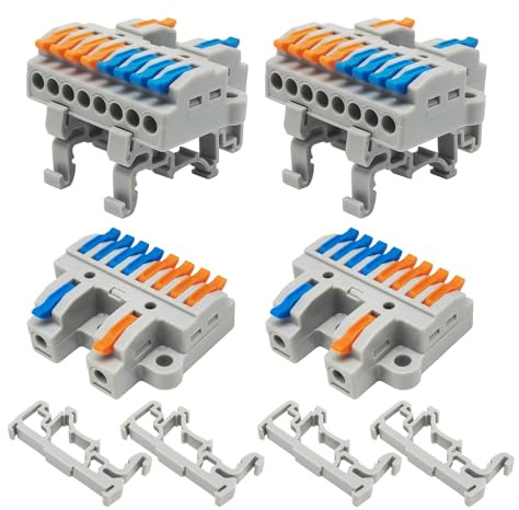 Tugermoola 4PCS DIN Rail Terminal Blocks with 8PCS Removable Rail Clip Quick Wiring Cable Connectors Push-in Conductor Terminal Block (2 in 8 Out)