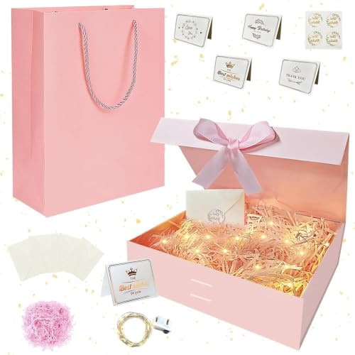 HIQE-FL Geschenkverpackung Box,26x19x8.5cm Geschenkverpackung Box mit Band | Geschenkbox mit Schleife,Geschenkkarton Für Geschenke,Magnetische Geschenkschachtel mit Deckel (Rosa)