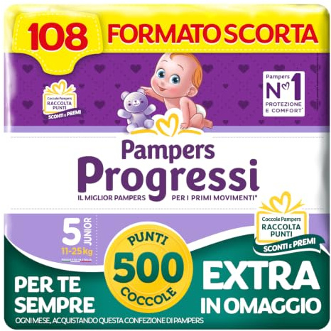 Pampers Progressi Junior, Taglia 5 (11-25 kg), Formato Scorta, Indicatore di Bagnato, Pelli Delicate, Linguette Rinforzate, Anti-Fuoriuscite, 108 Pannolini Bambino + 500 Punti Omaggio