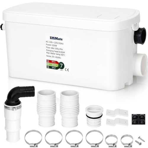 EffiMate Macerator Pump, Silent 250W Sewage Sump Pump, 6000 L/h Flow, Upflush 26.3ft Head, IPX7, Utility Sink with 2 Inlets for Wastewater Disposal in Basement Shower Bathtub Laundry Kitchen RVs