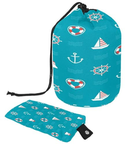 Drawstring Toiletry Bag,Nautical Anchor Lifebuoy Compass Blue Barrel Shaped Wash Bag Cosmetic Bags, Travel Makeup Organiser Pouch + Small Bag