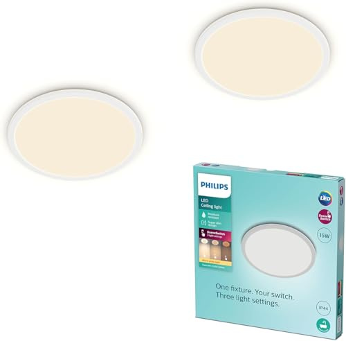 PHILIPS LED Badezimmer Deckenleuchte Superslim (15 W), 3 Lichteinstellungen, warmweißes Licht, dimmen ohne Dimmer, IP44 Schutz, weiß, 25cm, 2erPack
