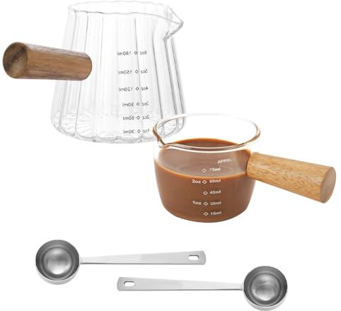 DIYJEP 2 Pezzi Misurino in Vetro per Caffè con 2 Pezzi Cucchiaio Dosatore da Caffè, Tazza da Caffè con Manico in Legno, Bicchiere per Caffè Espresso con Scala, Accessorio per Espresso Succo Liquido