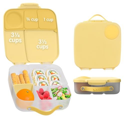 b.box Brotdose | Große Bento-Box mit 4 Fächern (2 auslaufsicher), herausnehmbarer Trenner, Gel-Kühlpack | Ideal für die Schule | Ab 3+ | B x T x H: 20 cm x 20 cm x 7,1 cm | Lunchbox Kinder + Erwachsene, Lunch-Behälter, 4 Fächer, auslaufsicher, spülmaschinenfest, BPA-frei, PFAS-frei – Lemon Twist