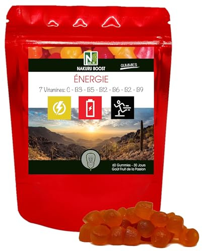 NAKURU | Énergie Gummies | Gamme Boost | Saveur: Fruit de la Passion |Fabriqué en France | 7 Vitamines: C-B3-B5-B12-B6-B2-B9 ! (60 Gummies / 30 Jours)