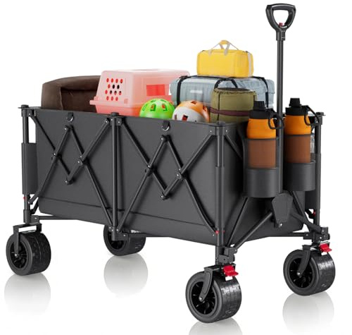 TRIUMPHKEY Bollerwagen Faltbar 260L 150KG Belastbar, Faltbarer Bollerwagen Geländetauglich mit Bremsen und Extra Breite Reifen All Terrain Bollerwagen, Grau