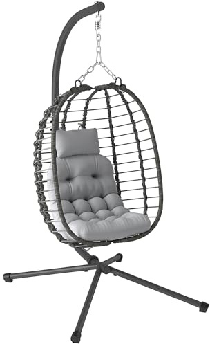 Outsunny Fauteuil Suspendu Pliable en résine tressée avec Support, Fauteuil Oeuf Suspendu, Chaise hamac balançoire, Coussin et Oreiller, Hauteur réglable, Cadre en Acier, intérieur et extérieur, Gris