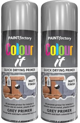 Spray Paint Grey Primer Matt Finish 400ml - 2 Pack Quick Dry Aerosol Can All Purpose for Wood, Metal, Plastic, Interior & Exterior