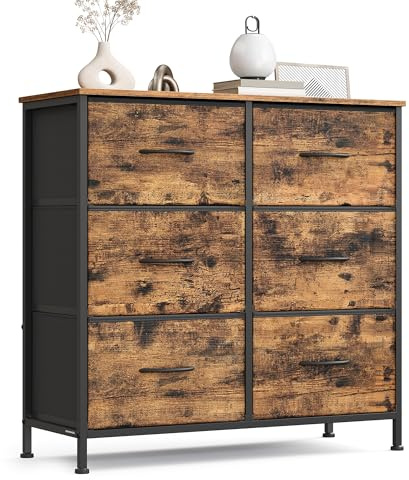 SONGMICS Chest of Drawers, 6 Fabric Drawers Storage Unit, Steel, MDF, Non-Woven Fabric, for Bedroom, Closet, Hallway, Living Room, Rustic Brown and Ink Black LGS123BH04