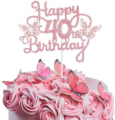 Bliceon 40th Birthday Cake Topper, Pink 3D Butterfly Cake Toppers, Pink Butterfly Party Decorations for Cakes Decorations Womens 40 Years Old Birthday Party