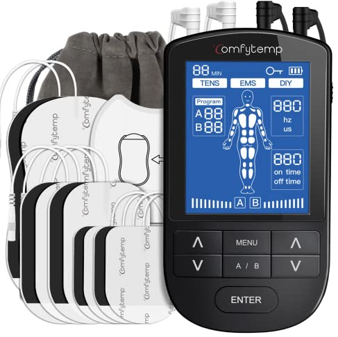 Comfytemp 4 Channel TENS Machine for Pain Relief, Nerve Muscle Stimulator with 24 Modes, DIY Mode, 10 Pads Replacement, Rechargeable TENS EMS Machine for Back, Neck, Shoulder