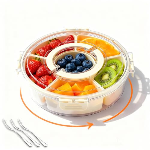 Snackbox mit Fächern, Snack mit Deckel und Griff, 360° Drehbare Snack box mit 6 Schalen und 3 Obstgabel, Snackdose Organizer für Aufteilung von Süßigkeiten Nüssen Kartoffelchips und Früchte (Rund)