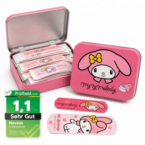 Hello Kitty My Melody Children's Plaster Licensed Product - Metal Box - 24 Plasters - Beautiful Design Plaster Storage Box for Children - Suitable for Backpack - Handbag
