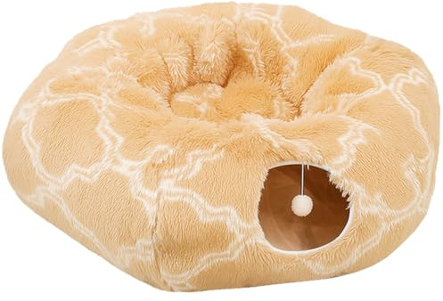 XiinxiGo 2 in 1 Katzentunnel für Katzen, Weiches Katzenbett, Großer Katzentunnel mit Zwei Eingängen Katzenhöhle, Geeignet für Katze,YelllowWeiß,85 * 26 cm