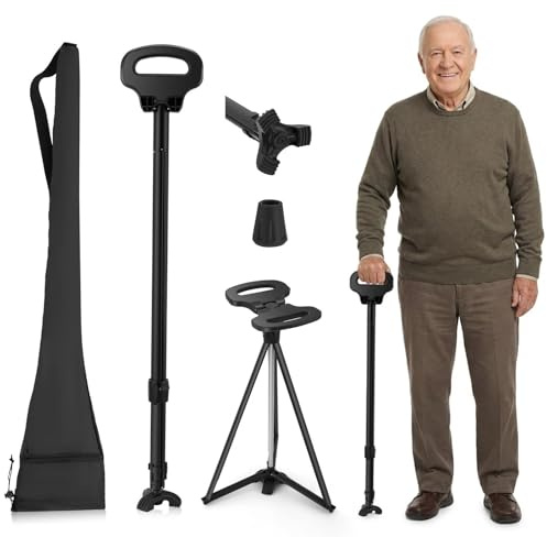 Bastón con asiento, bastón ajustable con asiento, 87-98 cm, bastón portátil plegable con bolsa de transporte, muletas para adultos mayores, aluminio y diseño ergonómico, con bolsa de transporte