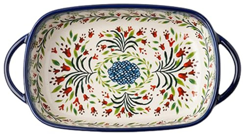 730ml Heat-resistant Ceramic Lasagne Baking Dish with Dual Handles, Flower Print Rectangle Oven Safe Casserole Dish