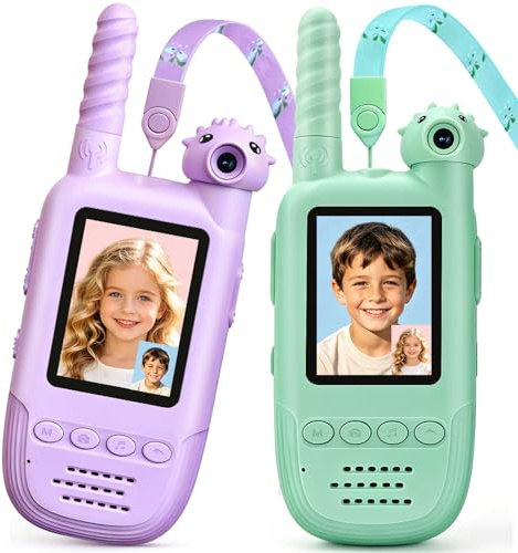 Talkie-Walkie Vidéo Enfants 2 Pack, Caméra Rotative 180°, Rechargeable | Idéal pour camping, voyage et jeux en plein air, cadeau pour garçons et filles de 3 à 12 ans, 6 effets vocaux amusants