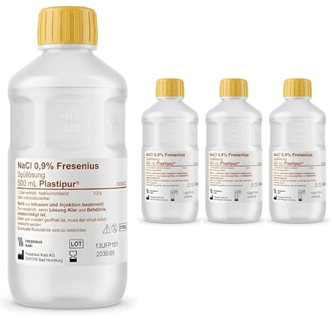 PLASTIPUR Lot de 4 - 500 ml - NaCl 0,9 % - Solution saline isotonique stérile - Solution saline pour bébé - Solution saline pour le nettoyage des plaies - Solution saline