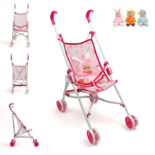 Sillita de Paseo para Muñecas - AMATOYS - Carrito Juguete Plegable - Pack 2 en 1 con Bebé Muñeco - Juego de Imitación y Paseo para Niñas y Niños