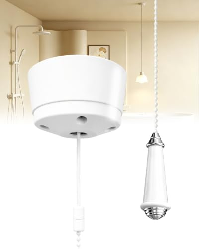 Bathroom Pull Cord Light Switch, 10AX Ceiling Mounted Pull Switch with Decorative Beaded Chain for Shower Toilet Damp Location, 1.5M White Pull Cord Switch for Ceiling Light & Pendant Fixtures