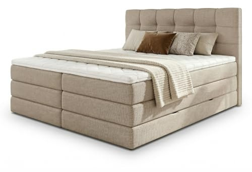 Sofnet Boxspringbett Best XL mit 2 Bettkästen und Topper, mit Taschenfederkern- und Bonellfederkernmatratze, Doppelbett, Polsterbett aus Webstoff mit Stauraum (Beige (Inari 22), 180 x 200 cm)