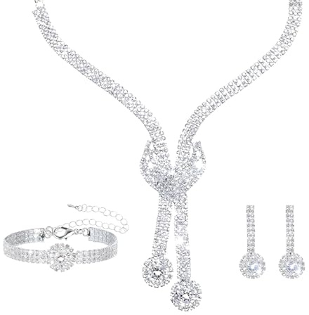 Jdbefuy Rhinestone Silver Jewellery Set, Crystal Necklace, Drop Dangle Earrings and Bracelet Set, Bling Wedding and Formal Costume Jewellery for Women and Brides