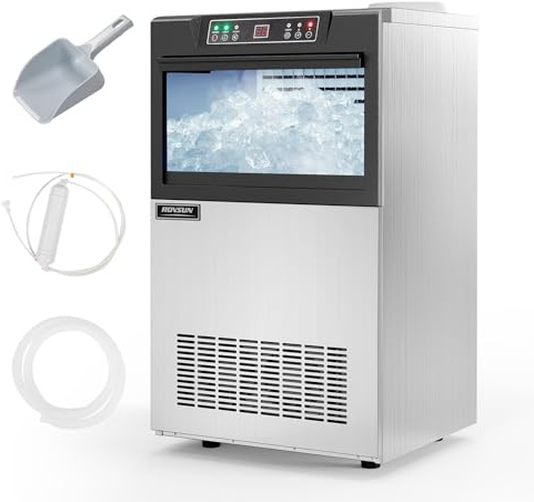 ROVSUN Gewerbliche Eiswürfelmaschine 50 kg/24H Kommerzielle Eismaschine mit Kompressor 50 Stück/14 Min. 23 kg Eislagerkapazität, Eiswürfelbereiter 24H-Timer, LCD-Anzeige, Selbstreinigung