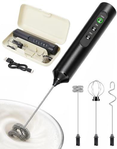 BZGG Electric Milk Frother Handheld–Rechargeable Coffee Whisk with 3-Speed Adjustment,3 Detachable Mixing Heads and Storage Box,for Latte,Cappuccino,Beating Eggs,Oat Milk,Matcha,Black
