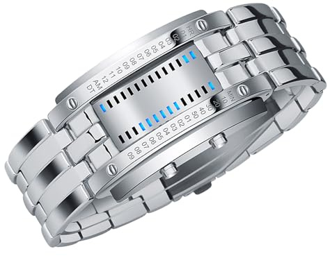 Annadue Mens Binary Watch, Blue Backlight LED Digital Wristwatch with Quartz Movement, Casual Sports Binary Watch for Outdoor Parties, Fashion (Silver Large Size)