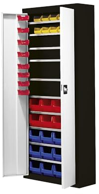 Mauser | Magazinschrank mit Sichtlagerkästen | HxBxT 1740 x 680 x 280 mm | 48 Kästen | zweifarbig | Korpus schwarz | Türen grau