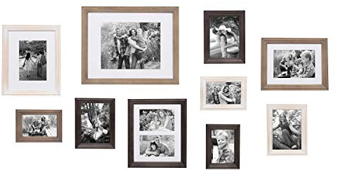 Kate and Laurel Bordeaux Gallery Wall Kit, Set of 10 with Assorted Size Frames in 3 Different Finishes - White Wash, Charcoal Gray, and Rustic Gray