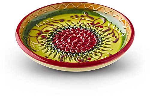 Garlic Grater Plate. Made in Cordoba, Spain. Lime Green Plate with Rainbow Circles, Scroll. #15