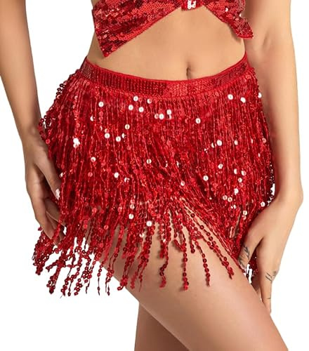 Wuchieal Pailletten Glitzer Rock - Bauchtanz Hüfttuch Kostüm Mit Quaste - Festival Kleidung Gürtel (Rot, One Size)