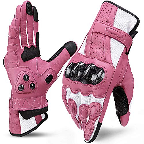 INBIKE Leather Motorcycle Gloves with Carbon Fiber Hard Knuckle Touch Screen for Women Pink XS