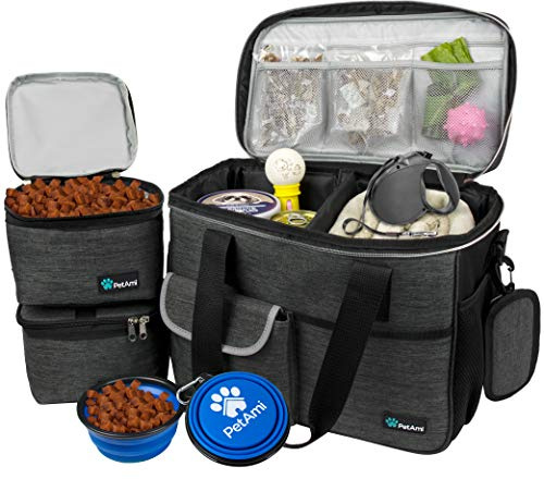PetAmi Dog Travel Bag - Organizer with Food Container and Bowls, Supplies for Weekend Camping, Cat Diaper Bag (Charcoal, Large)