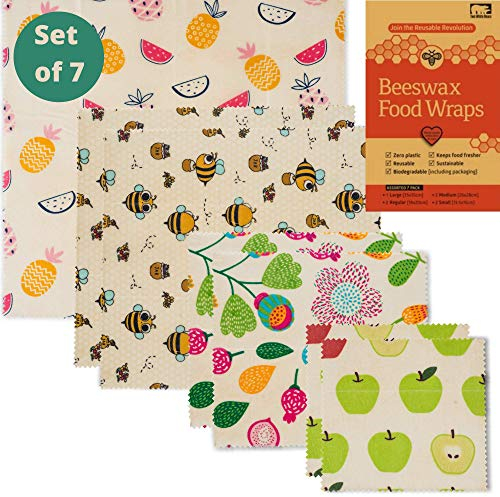 Beeswax Wraps Set of 7 - Reusable Bees Wax Food Storage Wrap. One Tree Planted Per Purchase. Eco Friendly Alternative to Cling Film & Sandwich Bags. Zero Waste Cheese Wrappers by Two White Bears