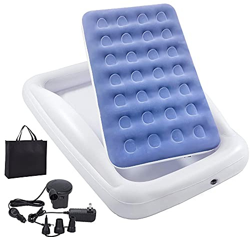 Inflatable Kids Travel Bed Toddler Air Mattress Set,Portable Blow Up Mattress Sleeping Bed Cot with Bed Rails and Electric Pump Ideal for Road Trip