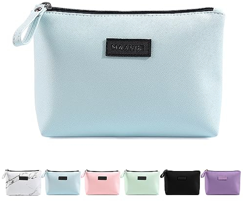 Kleine Make up Tasche MAANGE Kleine Kosmetiktasche tragbare Schminktasche wasserdichte PU Leder Make up Tasche mit Griff süße vielseitige Reißverschlusstasche für Frauen (Blau)