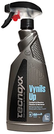Tecnoxx Vynils Up Detergente per Cruscotti e Idratante per Plastiche Non Lisce - Lucidante con Aroma di Vaniglia e Cocco, Protezione UV, 750 mL con Spruzzatore, Brillantezza Naturale, Non Grassa